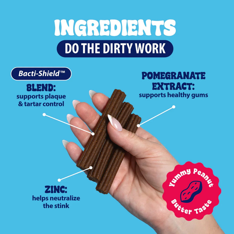 Hand holding peanut butter flavored dental chews with Bacti-Shield, pomegranate extract, and zinc for pet oral health