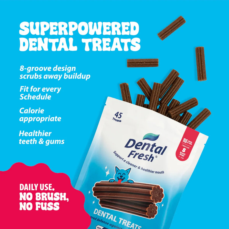 Dental Fresh dog treats for healthier teeth & gums, 8-groove design, daily use, no brush needed