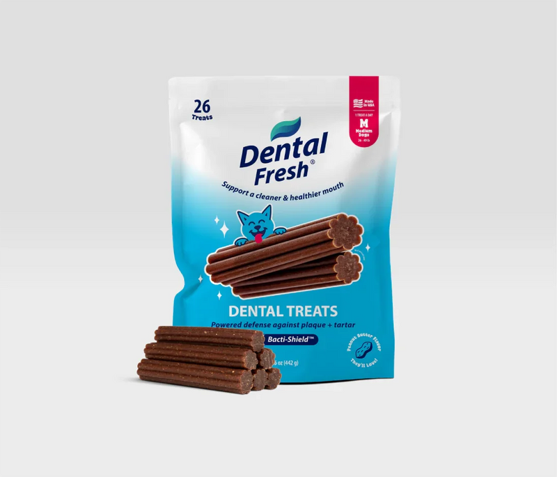 Dental Fresh dog treats for cleaner, healthier mouth with Bacti-Shield, peanut butter flavor