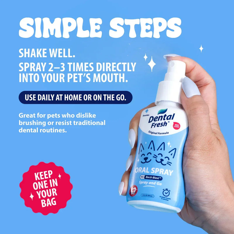 Hand holding Dental Fresh Oral Spray for pets, easy spray-to-use formula for fresh breath on the go