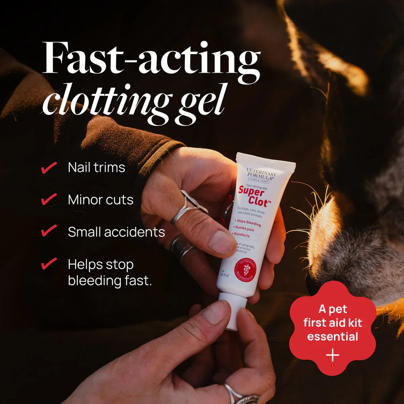 Fast-acting clotting gel for pet nail trims and minor cuts, a first aid kit essential.