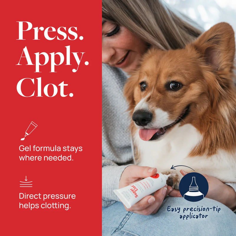 Woman applying pet wound gel with precision tip to dog's paw, promoting fast clotting and healing.