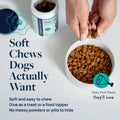 Soft pork-flavored dog chews for gut health, vet-formulated, shown in bowl and bottle with hands