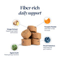 Fiber-rich pet supplements with ginger, pumpkin, agave, and probiotics for gut health