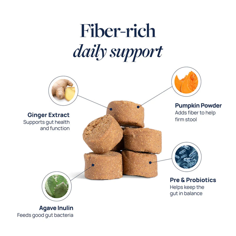 Fiber-rich pet supplements with ginger, pumpkin, agave, and probiotics for gut health
