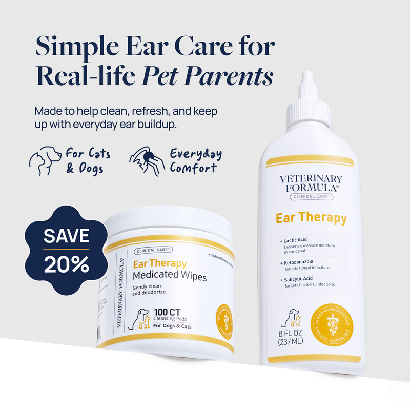 Veterinary Formula Ear Therapy for cats and dogs — medicated wipes and cleaning solution for everyday ear care and comfort.