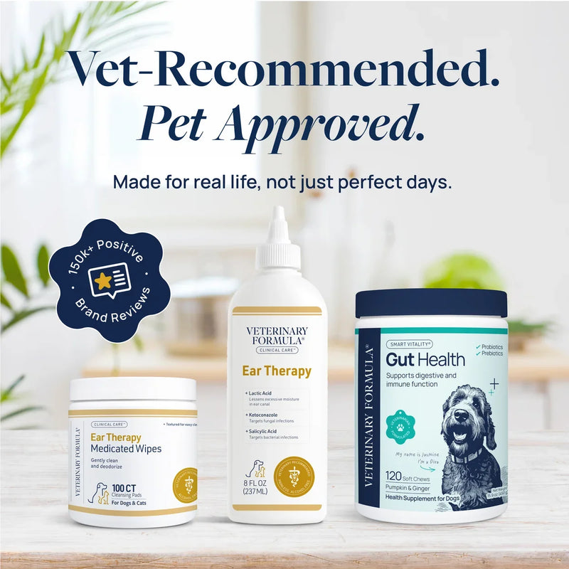 Vet-recommended pet care products: ear therapy wipes, ear drops, and gut health supplements for dogs and cats