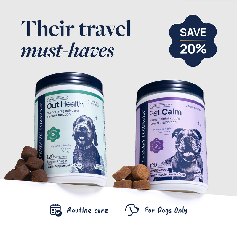 Dog health supplements: Gut Health and Pet Calm soft chews for routine care, travel must-haves for dogs