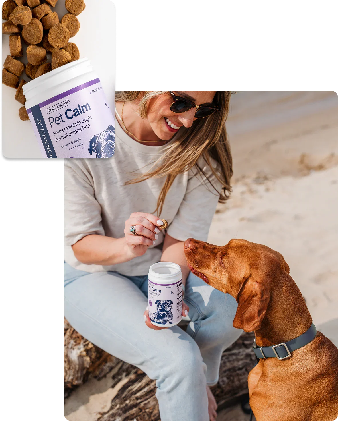 Woman giving Pet Calm supplement to dog on beach, promoting calmness and pet well-being