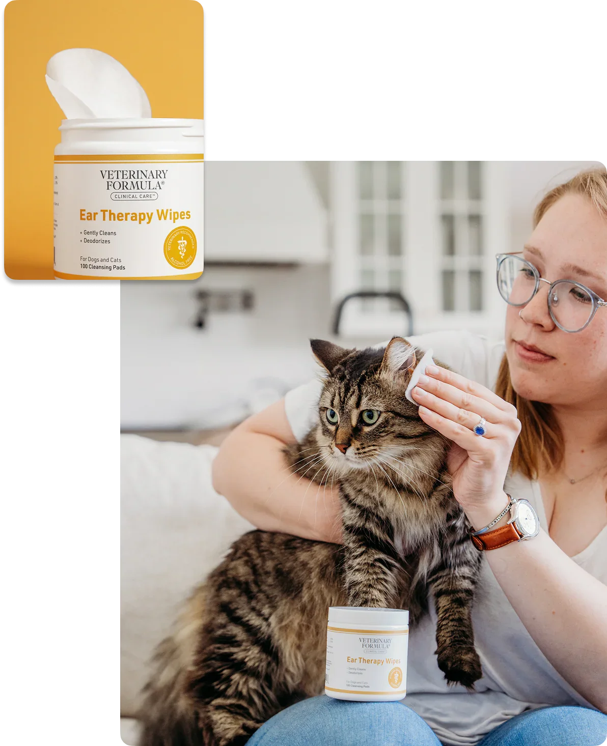 Woman gently cleaning cat's ear with Veterinary Formula Ear Therapy Wipes for dogs and cats
