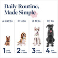 Daily dog supplement routine by weight: 1-4 soft chews for small to large breeds, promoting pet health.
