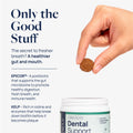Hand holding a Dental Support chew for pets, promoting fresher breath and healthy digestion with EPICOR® and Kelp.