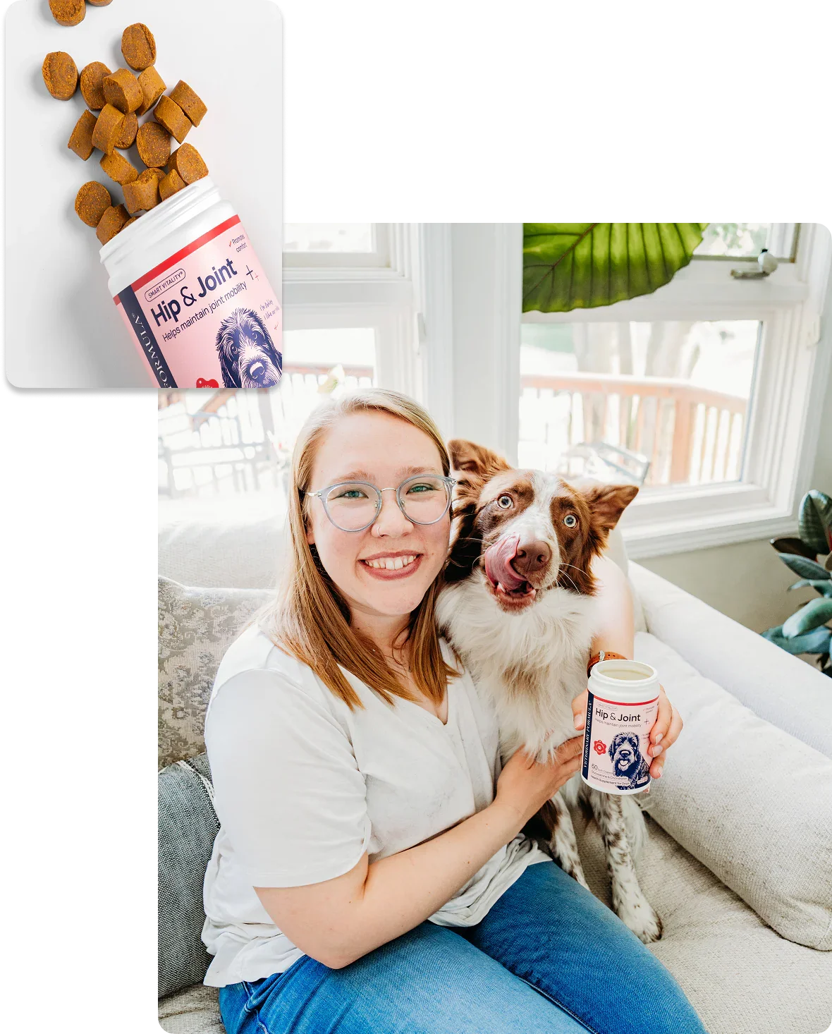 Woman holding happy dog with Hip & Joint supplement for pet health and mobility support